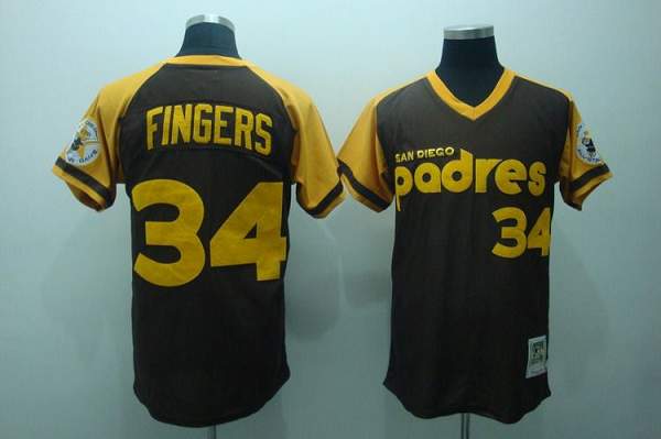 Mitchell and Ness Padres #34 Rollie Fingers Stitched Coffee Throwback MLB Jersey - Click Image to Close